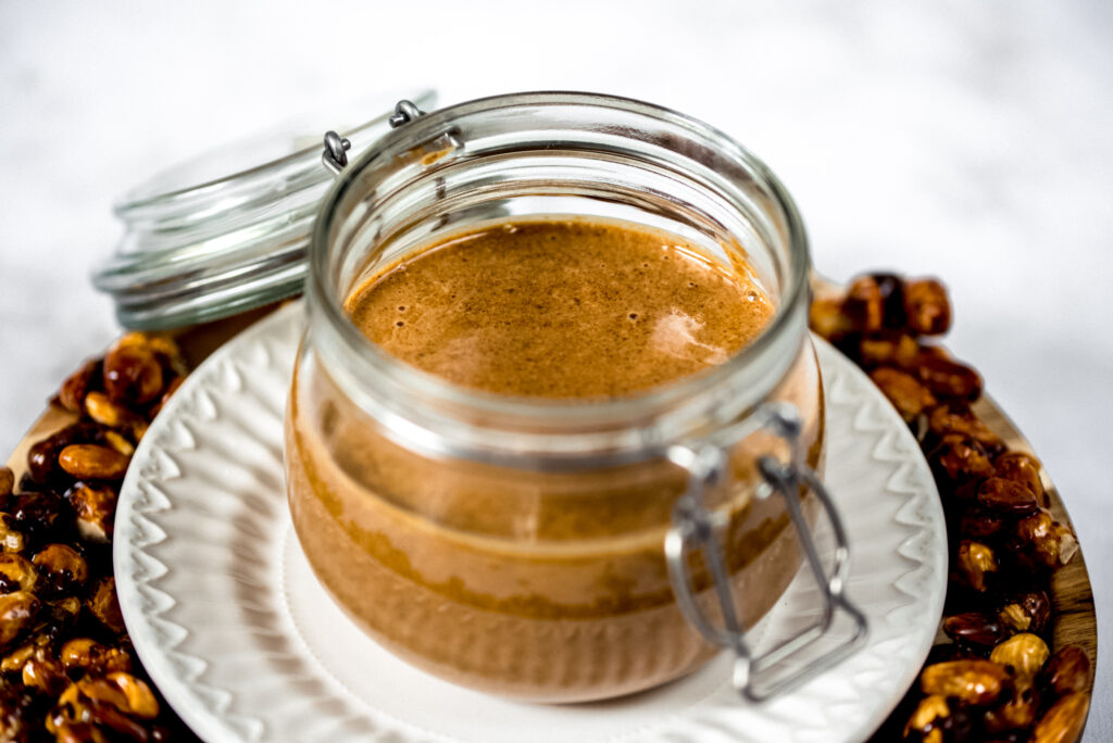 Jar of homamde praliné paste for French pastries